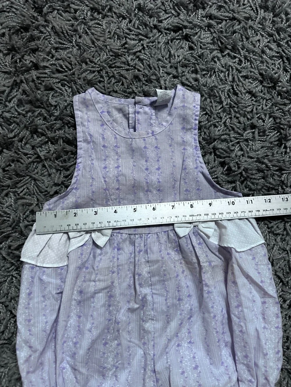 Vintage 70s 80s Baby Bubble Romper Purple Floral Pattern with Lace Size 18M